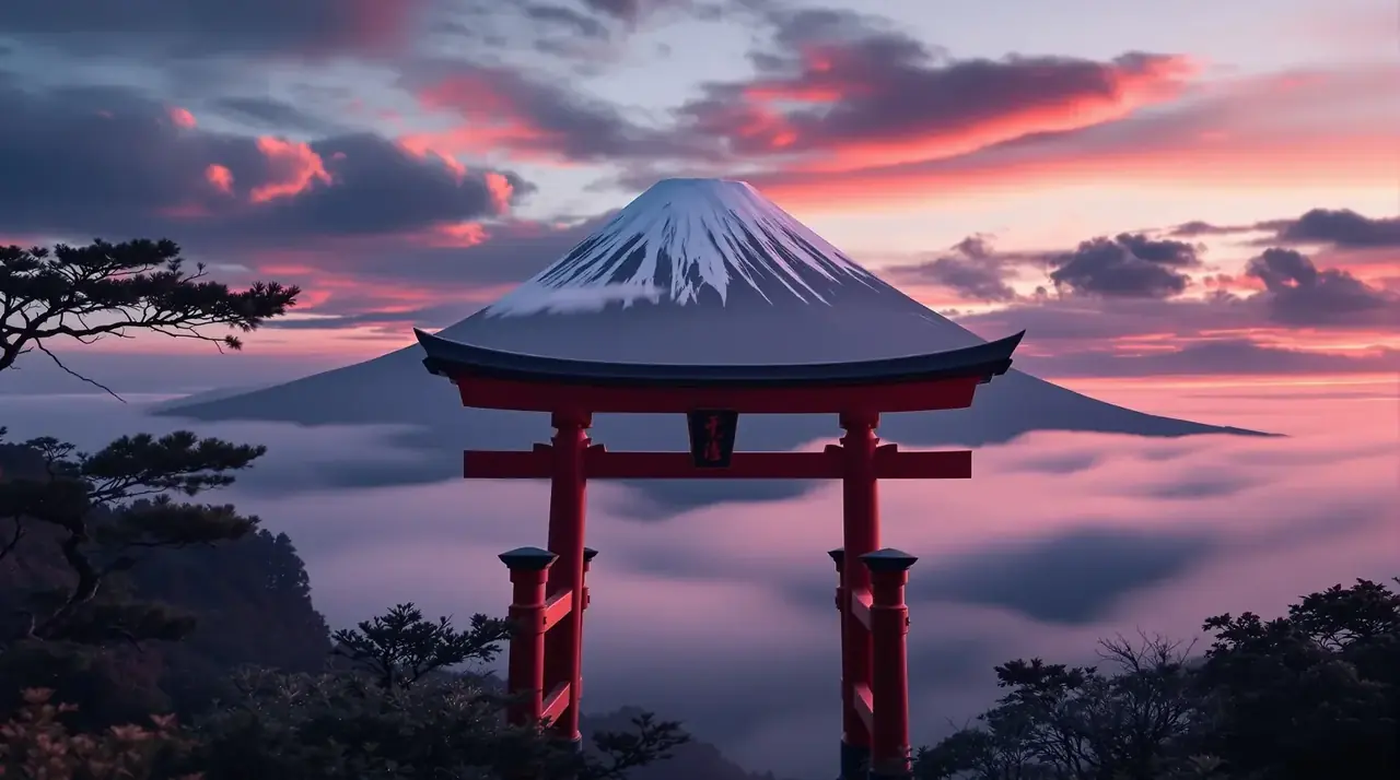 蓝莓视频杂志封面，朱红鸟居与富士山